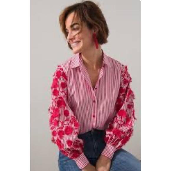 Chicos Embroidered Poplin Striped Red White Button Up Shirt Top Plus 3X - Picture 5 of 9